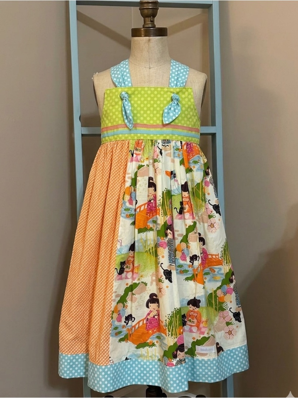 Girls Sz 8 RED THREAD STITCHES Boutique Dress w/ Kokeshi Style Fabric